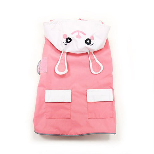 Pink dog raincoat with white bunny face hood lining and front pocket panels