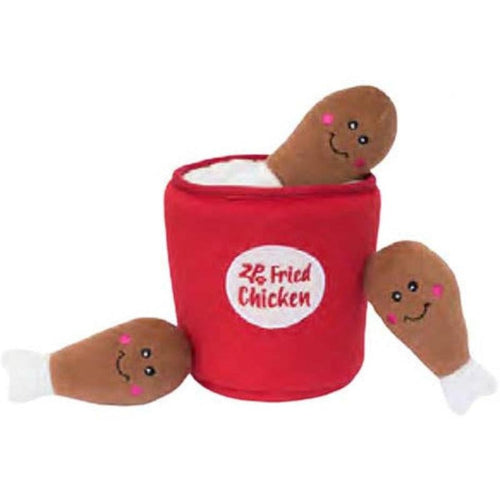 Red plush bucket-style interactive chicken dog toy with three stuffed chicken pieces