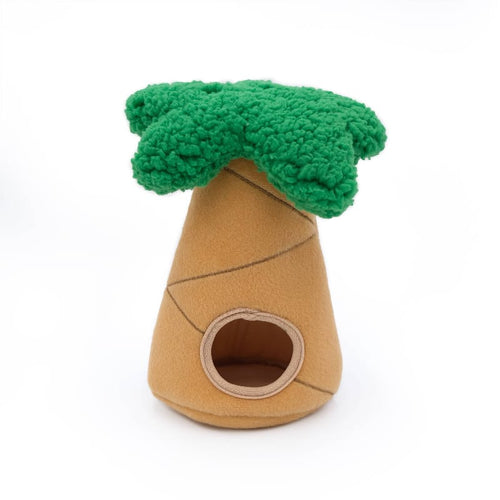Plush dog toy palm tree house with green top and round fabric opening on tan body