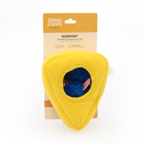 Packaged plush cheese-shaped cat toy with blue mouse inside tunnel