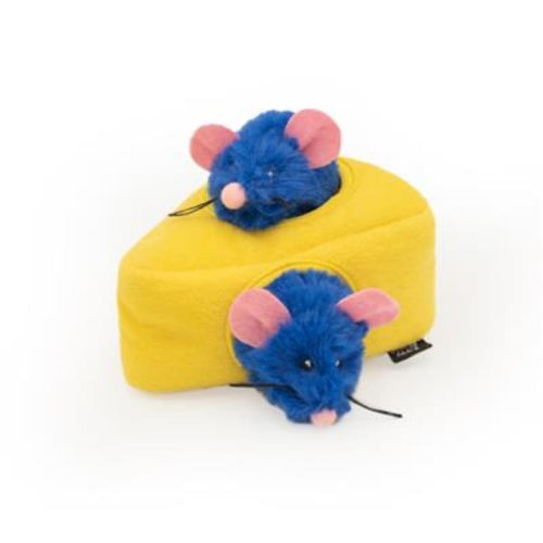Plush cheese-shaped cat toy with two blue mouse plushes