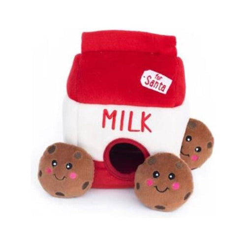 Plush interactive dog toy: milk carton with red lid and three cookie-face pieces