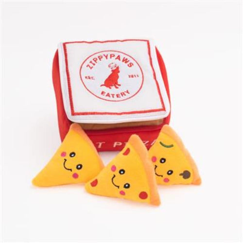 Burrow pizza-box dog toy with circular logo lid and four plush pizza slice faces