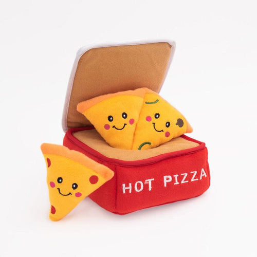 Burrow interactive pizza-box dog toy with red hot pizza box and plush pizza slices