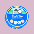 Blue plush cookie-tin dog toy with BLUSHIEZ Butter Cookies logo, round shape