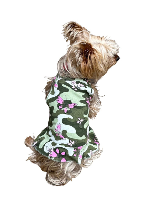 Green camouflage pet dress with pink-purple butterfly print, scooped neckline, ruffled hem