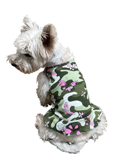 Butterfly camouflage pet dress in green with pink butterfly prints, short sleeves