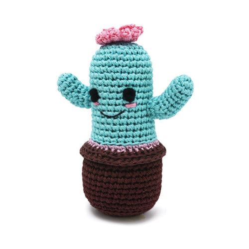 Standing crochet cactus toy with turquoise arms, smiling face, and pink top