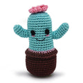 Crochet cactus toy with pink top, turquoise arms, and dark brown body