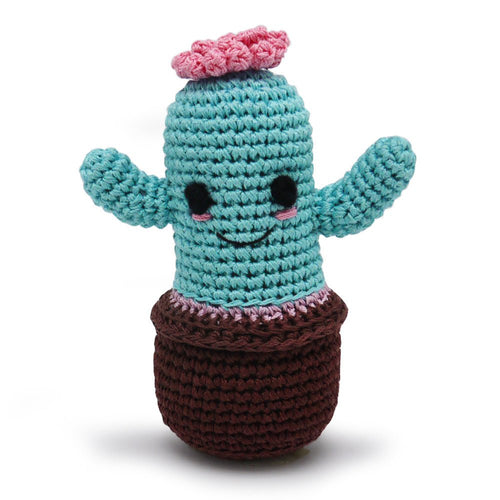 Crochet cactus toy with pink top, turquoise arms, and dark brown body