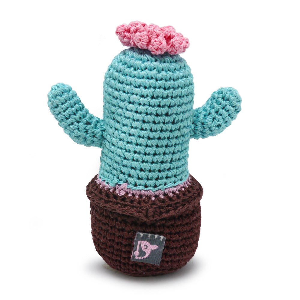 Crochet cactus toy with turquoise body, pink top, dark brown base, front patch
