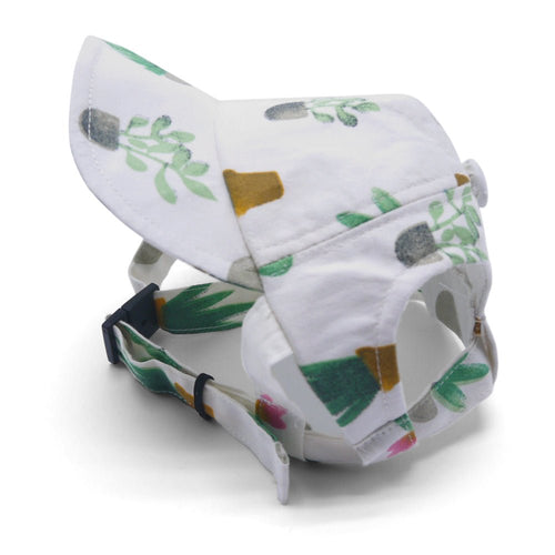 White cactus-pattern cap with green leaves and gray pots, curved brim and side view
