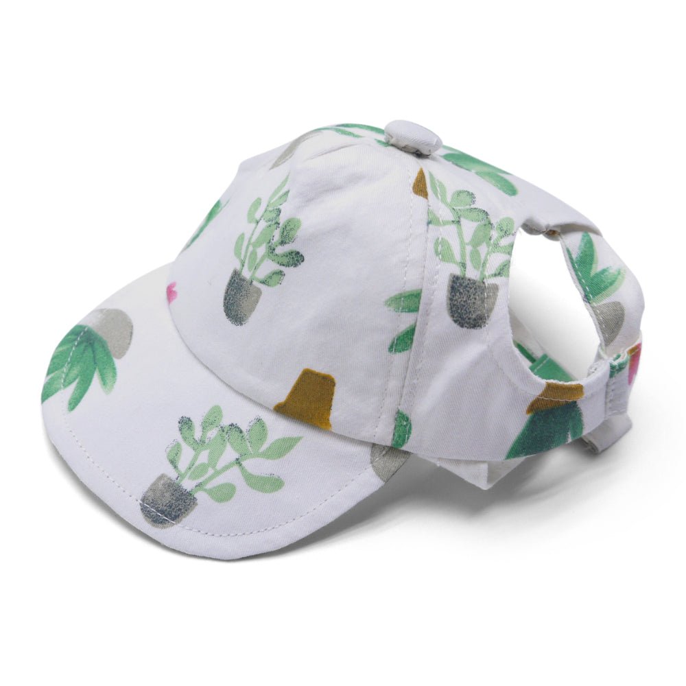 White cactus-print kids cap with green succulents and gray pots, adjustable hook-and-loop closure