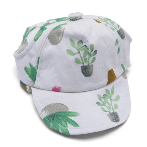 White cactus-print baseball cap with green and gray succulent graphics, adjustable back strap