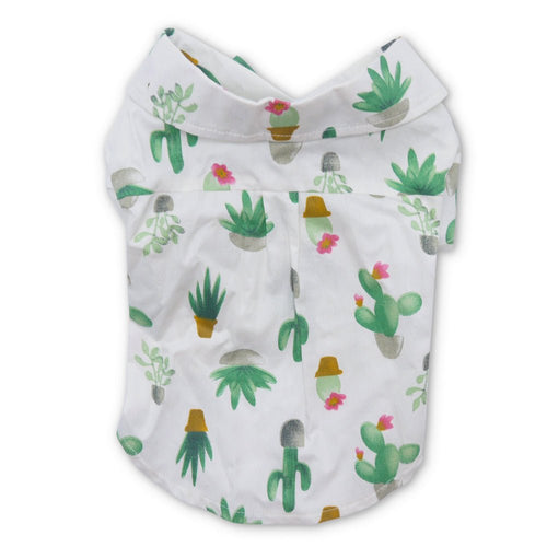 White cactus-print dog shirt, short sleeves and collar with decorative plant graphics all over.