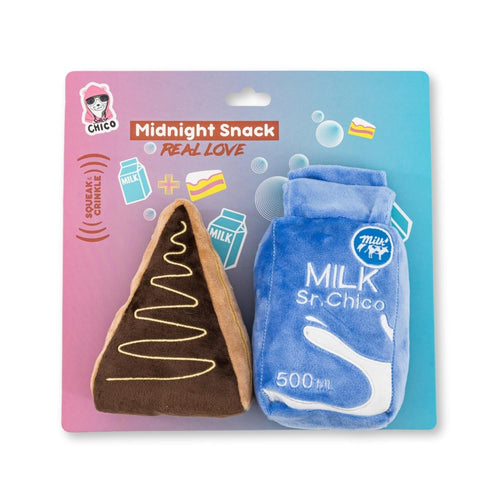 Cake Slice & Milk Midnight Snack Plush Dog Toy Gift Set – with Squeaker & Crinkle Paper Fursace Luxury Dog Plush Toy - Red Squeaky | Cookies Wagging Friends Boutique Cookies Wagging Friends Boutique
