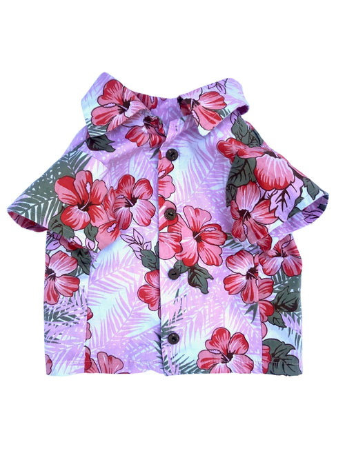 Floral camp shirt with short sleeves, button-front, wood-style buttons, purple and red