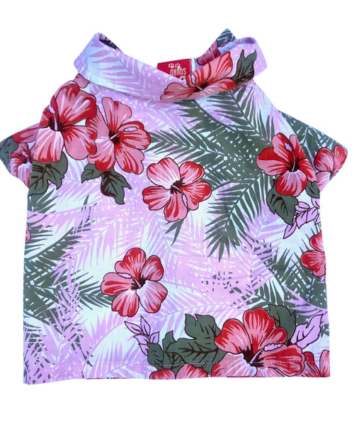 Floral camp shirt with pointed collar, short sleeves, button-front, tropical leaves and red flowers