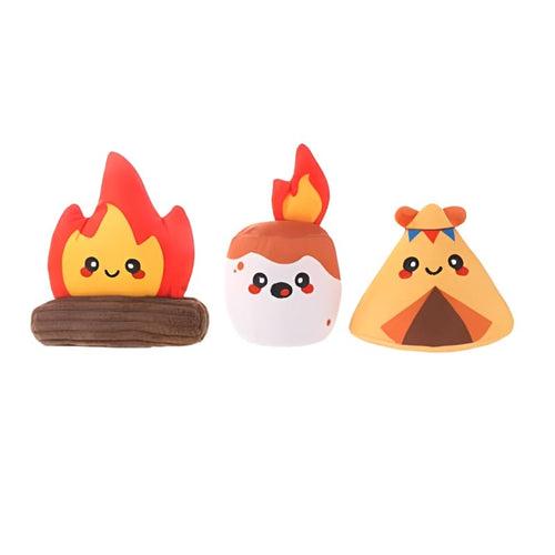 Camping dog plush toy set, 3 pieces: camp flame, white hot-dog, orange tent