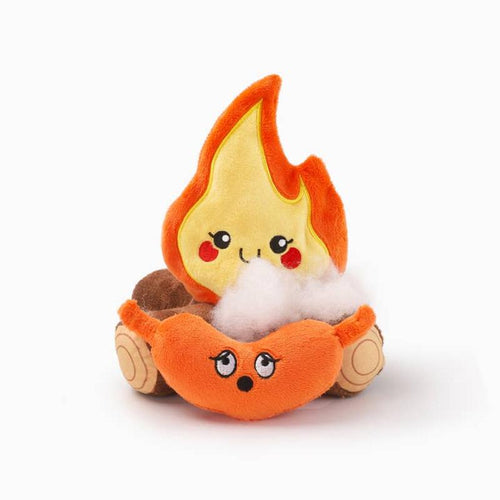 Camping plush squeaky dog toy: orange flame, log base, white fur detail