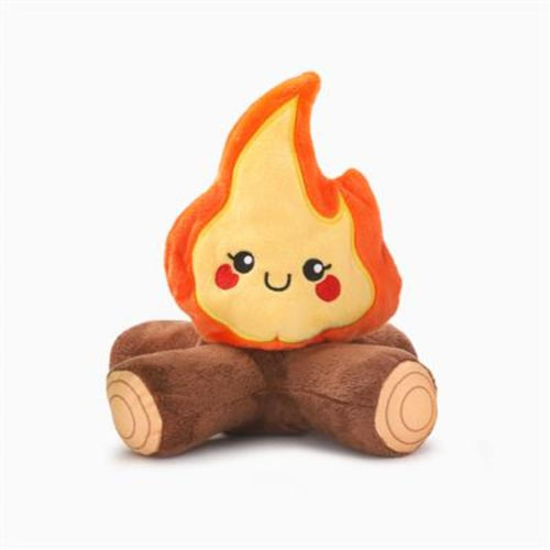 Flame-shaped plush squeaky dog toy on brown log base