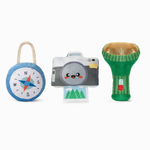 3-piece plush dog toy set: blue compass, grey camera, green lantern with red detail
