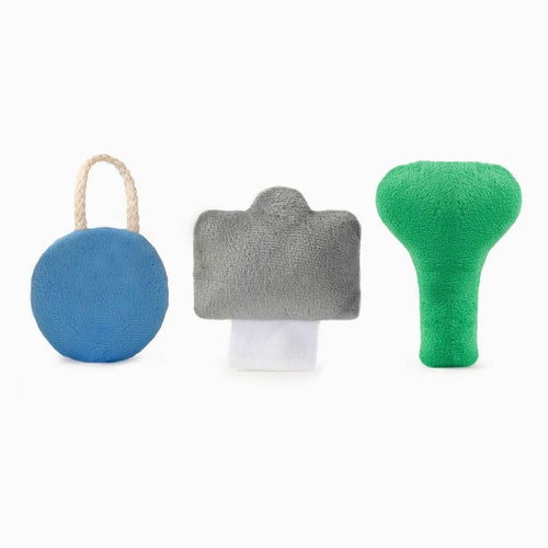 3-piece plush dog toy set: blue rope ball, grey camera-shaped plush, green lantern