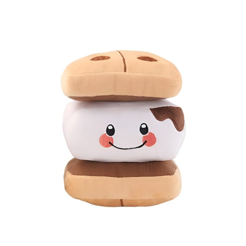 Plush squeaky dog toy shaped like a s'mores stack with smiling face
