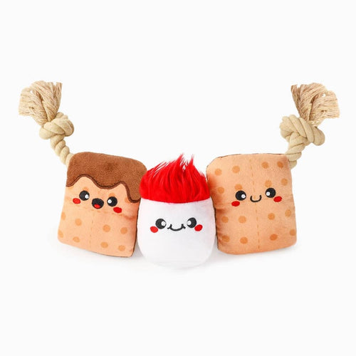 Plush s'mores tug toy with rope handles and cute face pieces