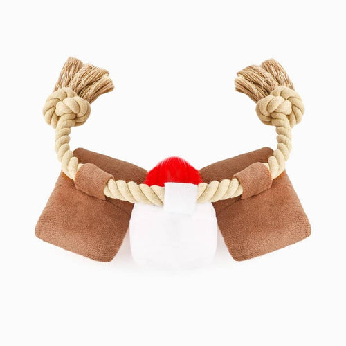 Plush s'mores tug toy with two rope knots and red-and-white center