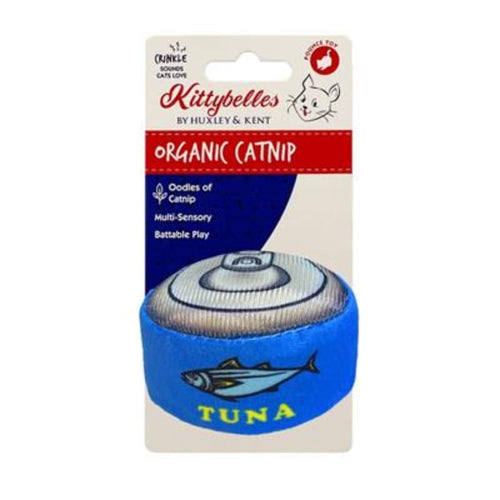 Blue plush tuna-can cat toy with fish graphic and ridged top