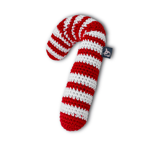 Crochet candy cane toy, red and white striped with small fabric tag on side