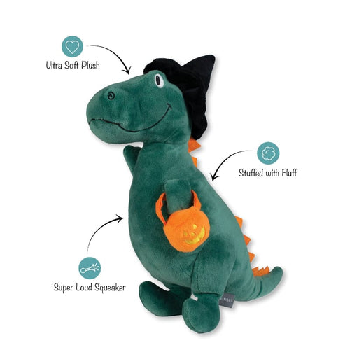 Green plush dinosaur dog toy with black horned hood and orange squeaker pumpkin belly