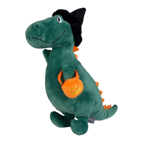 Green plush dinosaur witch dog toy with black hood and orange pumpkin squeaker belly