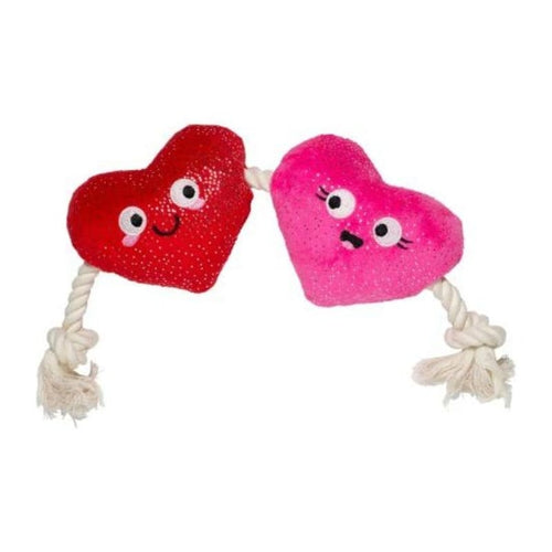 Plush rope squeak dog toy with red and pink heart characters, braided rope handles