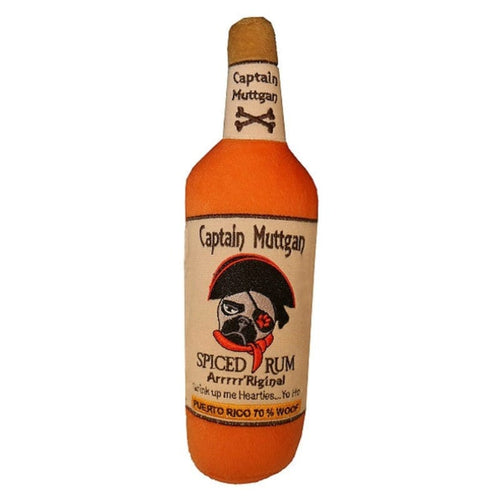 Orange plush bottle-shaped dog toy with Captain Muttgan logo, squeaker
