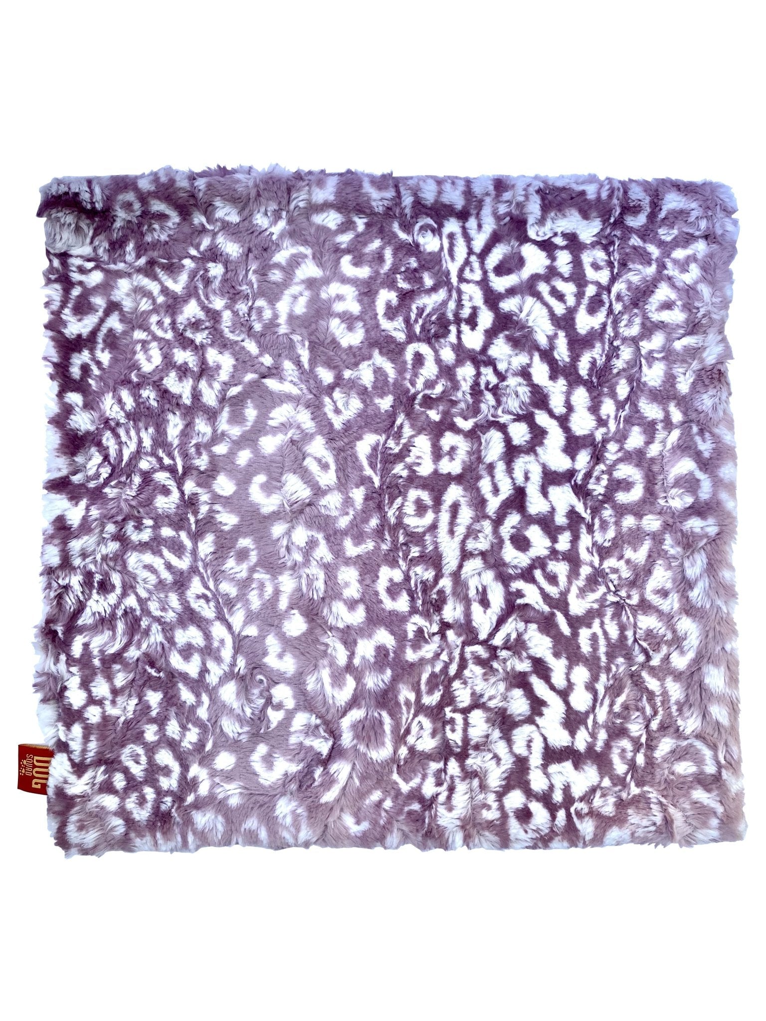 Lilac square plush blanket with white animal pattern and stitched border