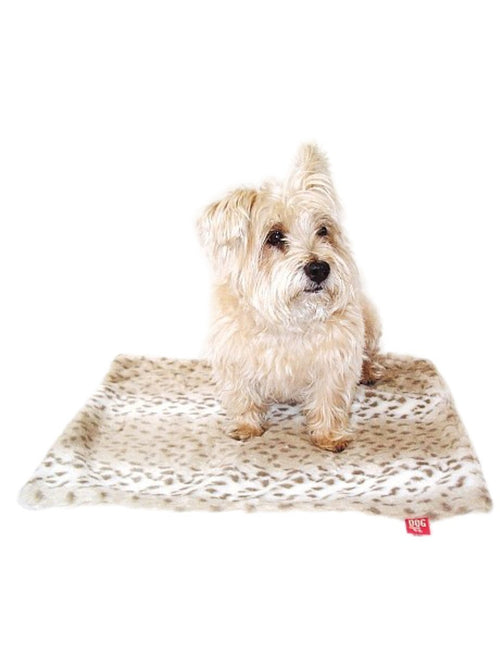 Square leopard-print pet blanket, cream and tan with red logo tag