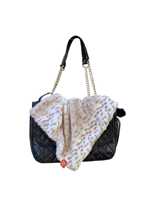 Leopard-print square pet blanket in cream and tan faux-fur trim