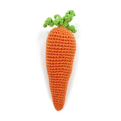 Crocheted carrot toy with green leafy top, orange textured knit