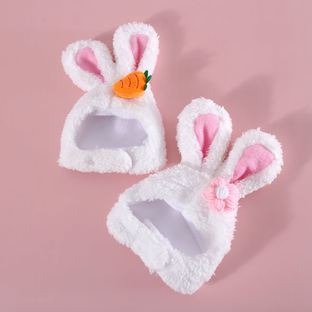 White plush bunny-eared Easter decoration hat with carrot patch