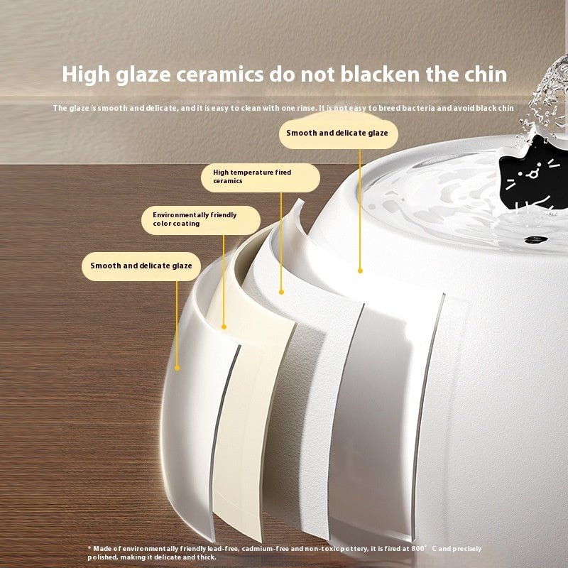 White ceramic pet water fountain with cartoon cat spout, water bowl and side view