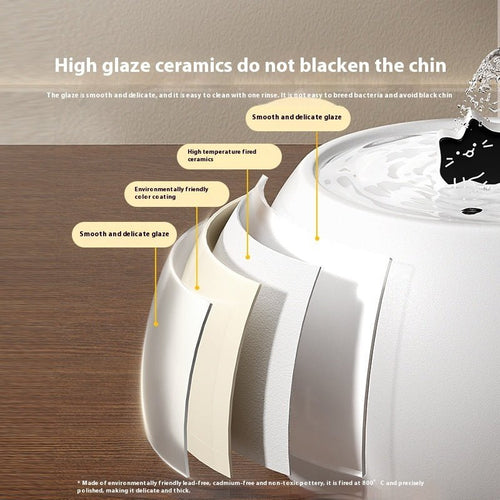 White ceramic pet water fountain with cartoon cat spout, water bowl and side view