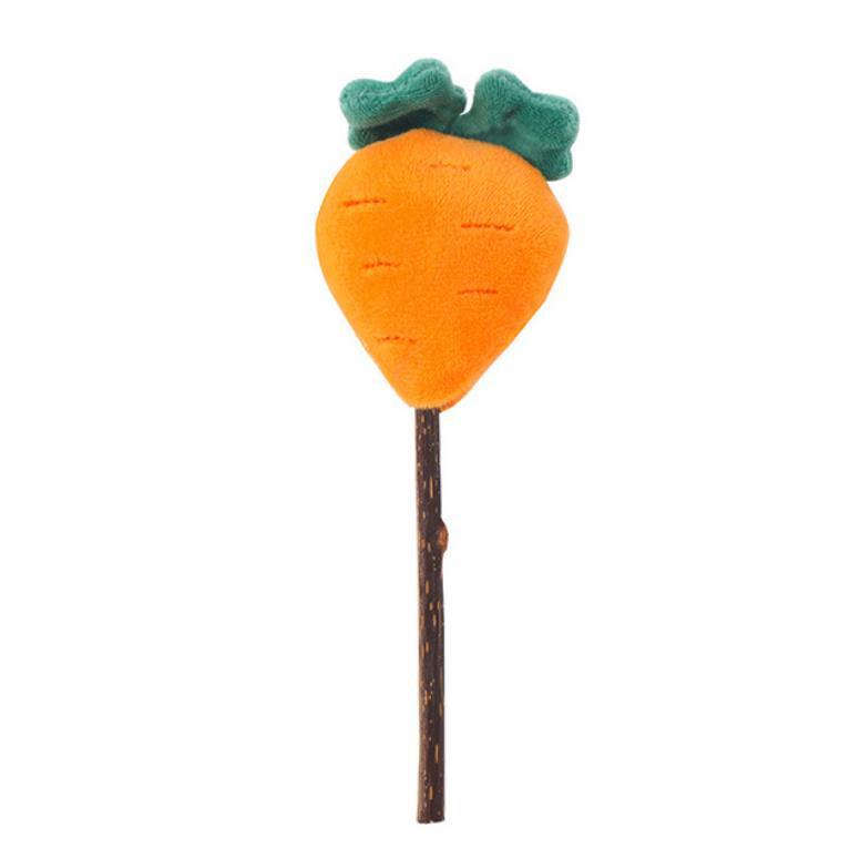 Orange carrot-shaped plush catnip teasing stick toy with green top on a wooden handle