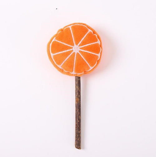 Orange citrus slice plush catnip teasing stick toy on a wooden handle