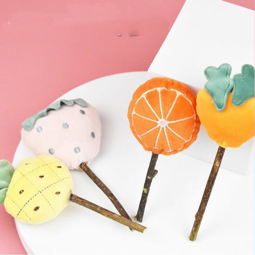 Plush fruit catnip teasing sticks set on wooden handles