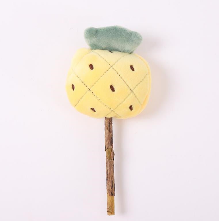 Yellow pineapple-shaped plush catnip teasing stick toy with green leaves on a wooden handle