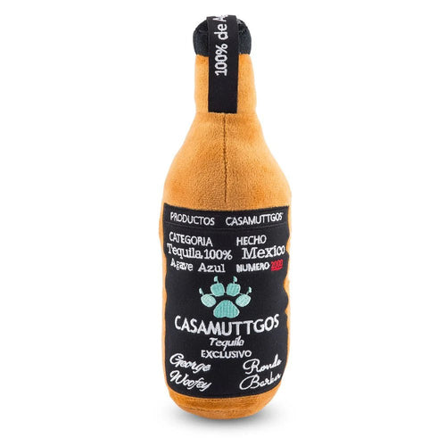 Tequila bottle-shaped plush toy with tan body and black label, bottle top at center