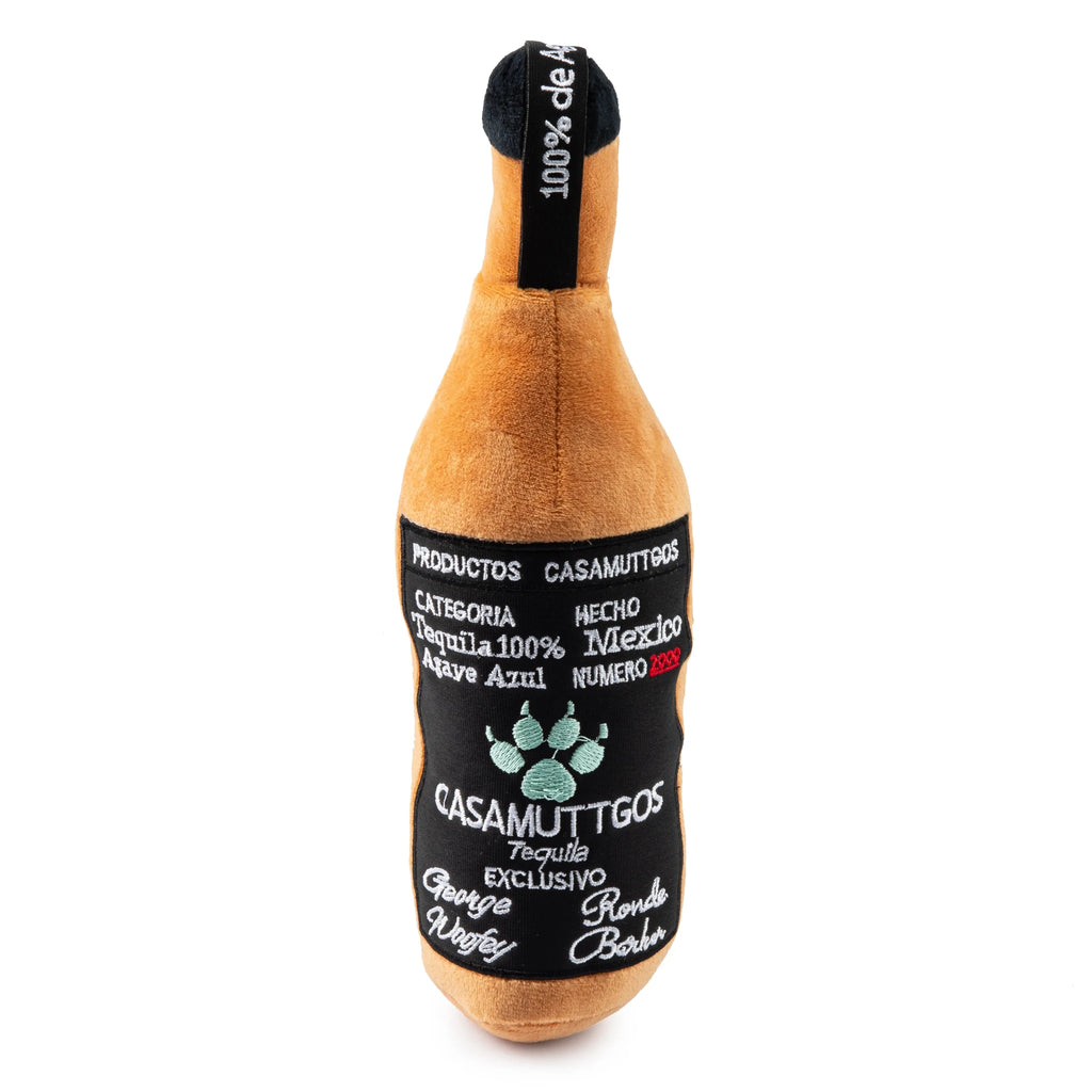 Tequila bottle plush toy, front view: tan body with black label text and bottle cap
