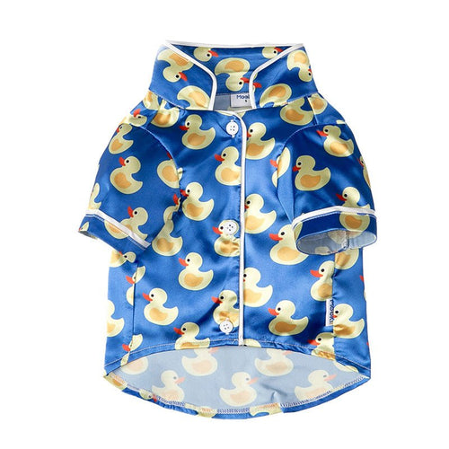 Blue duck-print button-front pet shirt with collar, short sleeves, and side pocket
